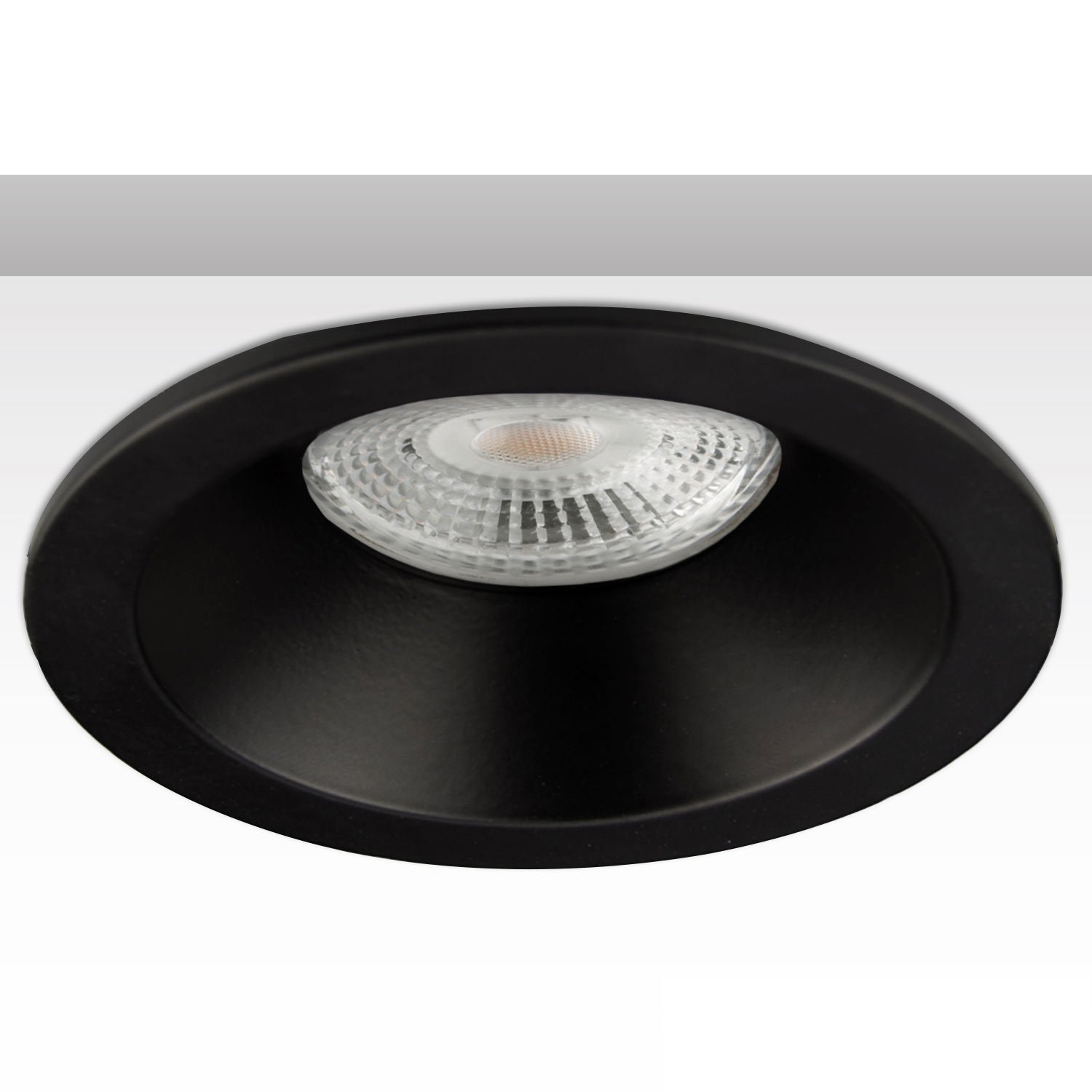 113281_1a ISOLED 113281 Einbaurahmen rund mit Glaslinse, Loch 72mm, schwarz, für GU10/MR16 Spots – Bild 1