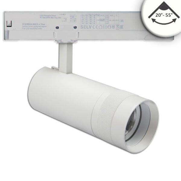 ISOLED 115682 3-Phasen Schienen-Strahler fokussierbar, 24W, 20°-55°, weiß matt, 4000K, dimmbar