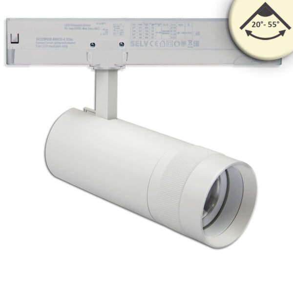 ISOLED 115683 3-Phasen Schienen-Strahler fokussierbar, 24W, 20°-55°, weiß matt, 3000K, dimmbar