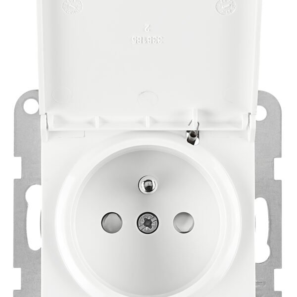 EV101254-- Steckdose mit Erdungsstift, Schraubklemmen, Klappdeckel,weiß<br><u>Verkaufseinheit: 1Stk</u>