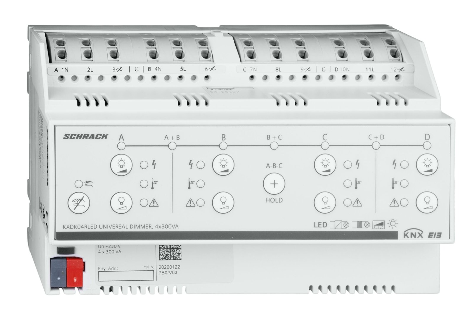 f_kxdk04rled KXDK04RLED KNX Universal Dimmaktor, 4x300VA (für dimmbare LED geeignet)<br><u>Verkaufseinheit: 1Stk</u> – Bild 1