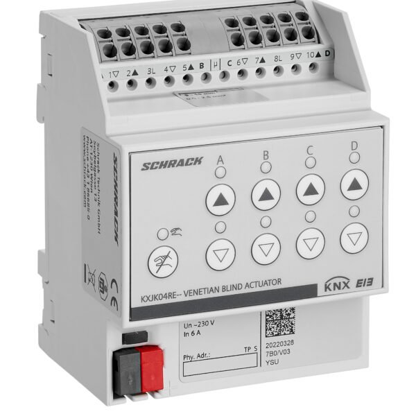 KXJK04RE-- KNX Jalousieaktor, 4x230VAC, 6A, mit Endlagenerkennung<br><u>Verkaufseinheit: 1Stk</u>