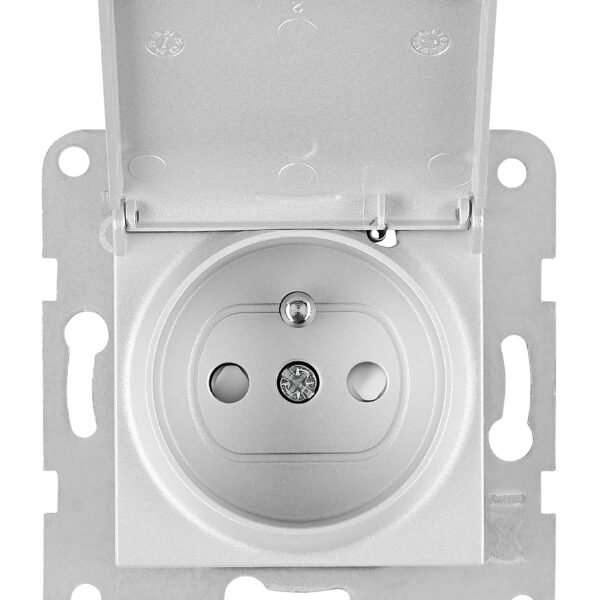 EV121253-- Steckdose mit Erdungsstift, Klappdeckel, Steckklemmen,silber<br><u>Verkaufseinheit: 1Stk</u>